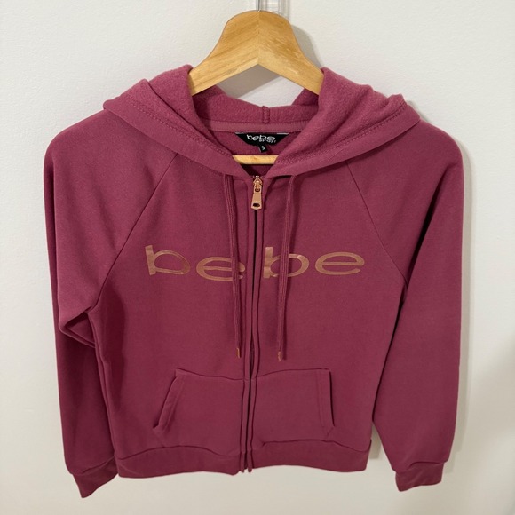 Bebe Sport Womens Full Zip Hoodie Burgundy Gold Logo Sweatshirt - Picture 3 of 8